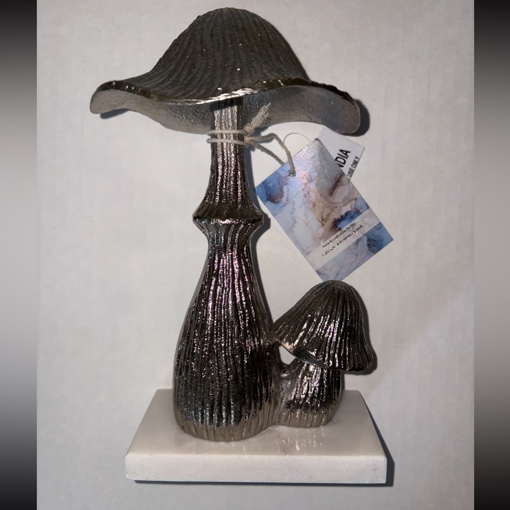 Silver Mushroom Sculpture on Marble Base